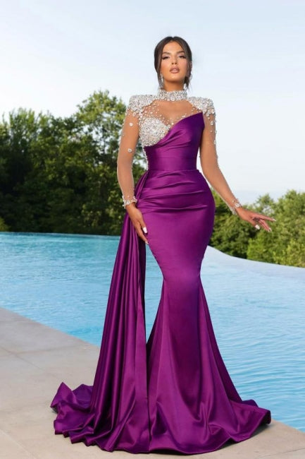 Meerjungfrau Bodenlanges High Neck Lange Ärmel Perlenbesatz Fleck Ballkleid mit Rüschen