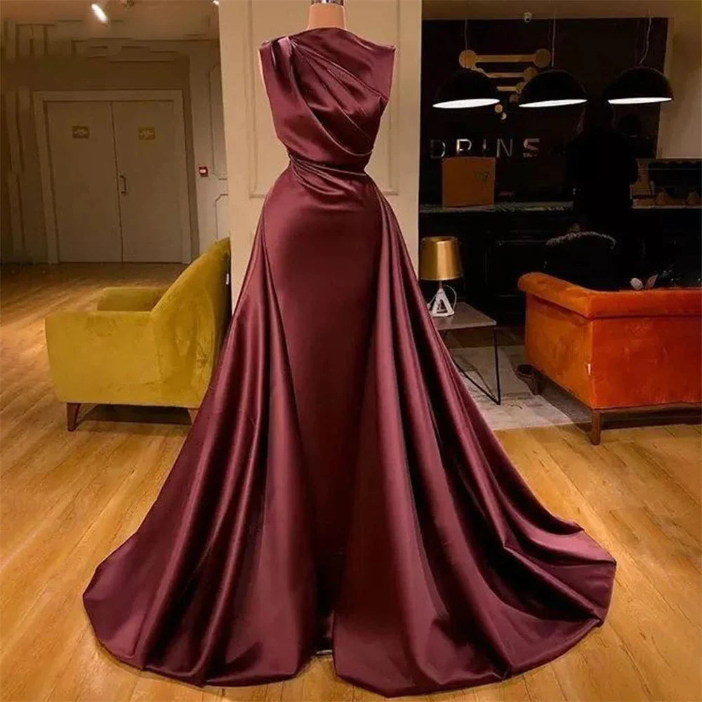 Sexy Prom Dresses Pleat Burgundy Evening Dresses Sleeveless Court Train Wedding Party Dresses vestido de fiesta de boda-payinti