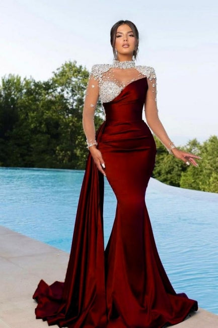 Meerjungfrau Silber Perlen Burgund Meerjungfrau Ballkleid