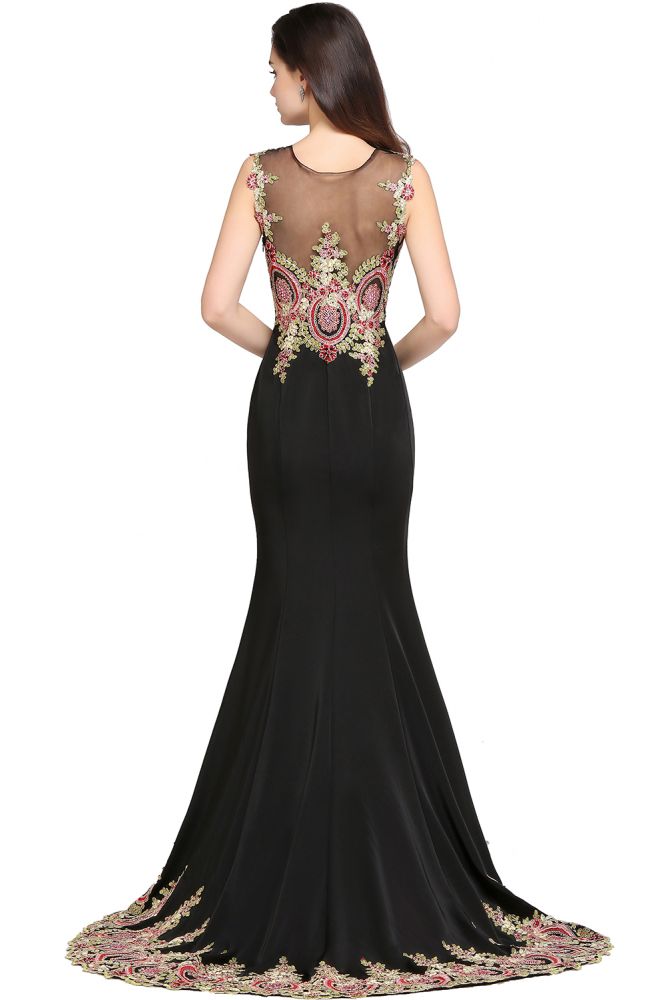 Vestido de noche negro sin mangas con cola de sirena y apliques
