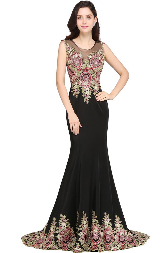 Vestido de noche negro sin mangas con cola de sirena y apliques