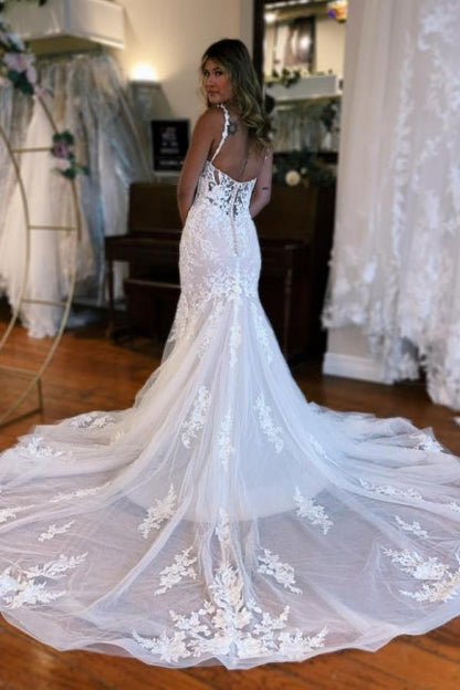 Mermaid Sweetheart Floor-Length Straps Sleeveless Tulle Wedding Dress with Appliques