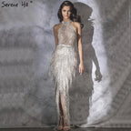 Zum Verkauf, keine Rückgabe, keine Rückerstattung, Meerjungfrau-Quaste, Luxus-Neckholder, Strass-Abendkleid, Festzugskleid, ärmellos, Meerjungfrau, geteilt, Robe de Soiree LA60776 