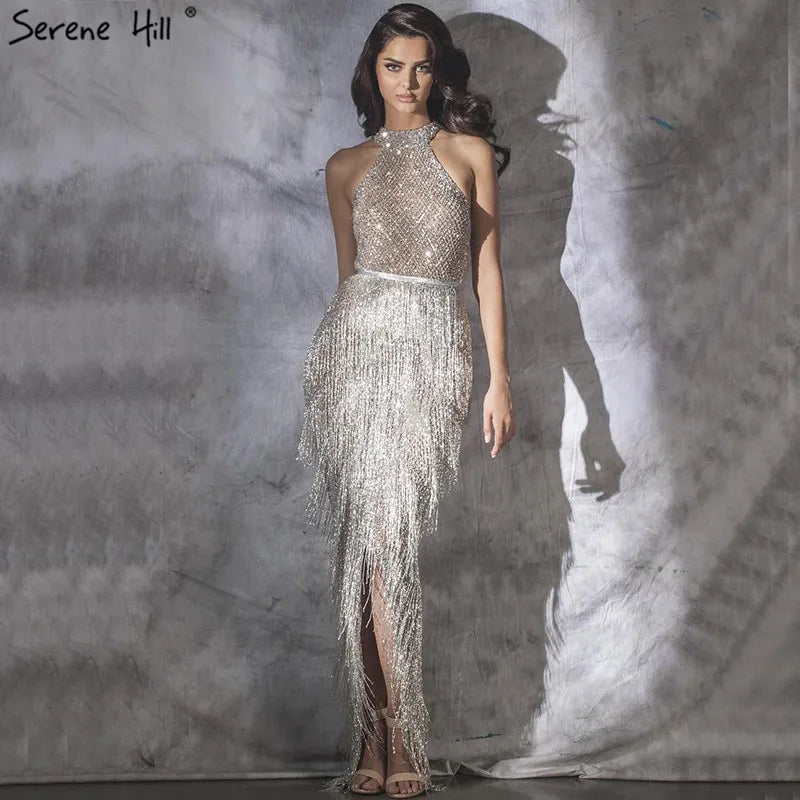 Zum Verkauf, keine Rückgabe, keine Rückerstattung, Meerjungfrau-Quaste, Luxus-Neckholder, Strass-Abendkleid, Festzugskleid, ärmellos, Meerjungfrau, geteilt, Robe de Soiree LA60776 
