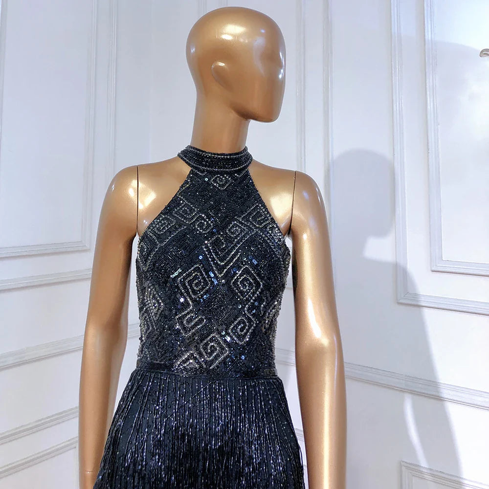 Zum Verkauf, keine Rückgabe, keine Rückerstattung, Meerjungfrau-Quaste, Luxus-Neckholder, Strass-Abendkleid, Festzugskleid, ärmellos, Meerjungfrau, geteilt, Robe de Soiree LA60776 