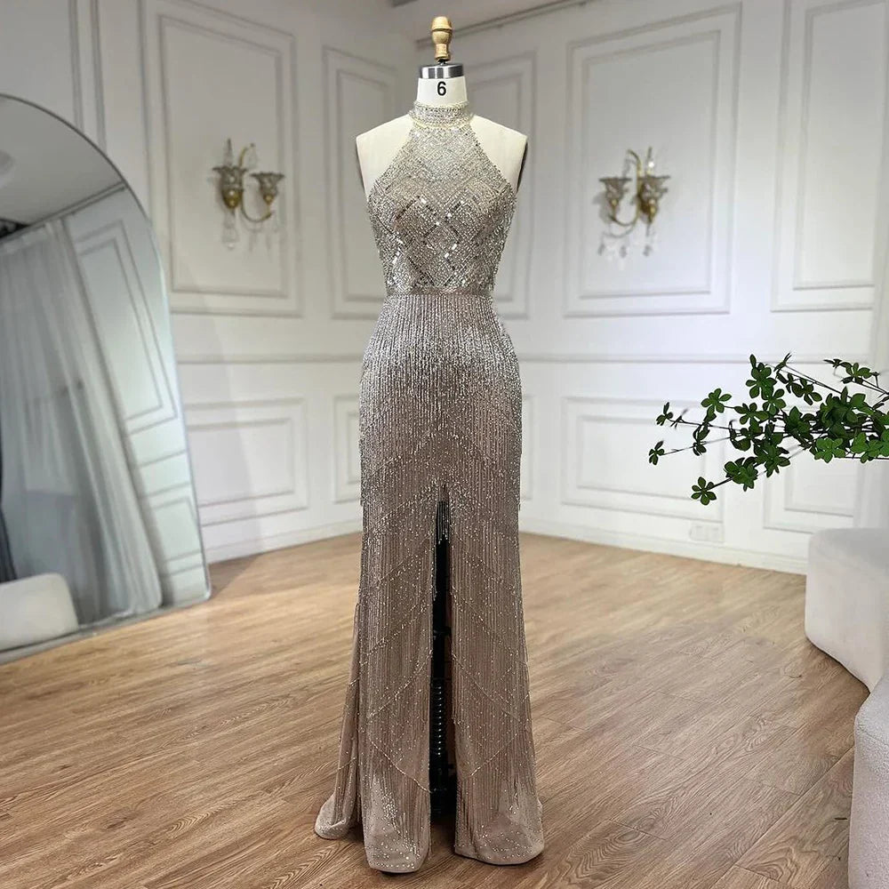 Zum Verkauf, keine Rückgabe, keine Rückerstattung, Meerjungfrau-Quaste, Luxus-Neckholder, Strass-Abendkleid, Festzugskleid, ärmellos, Meerjungfrau, geteilt, Robe de Soiree LA60776 