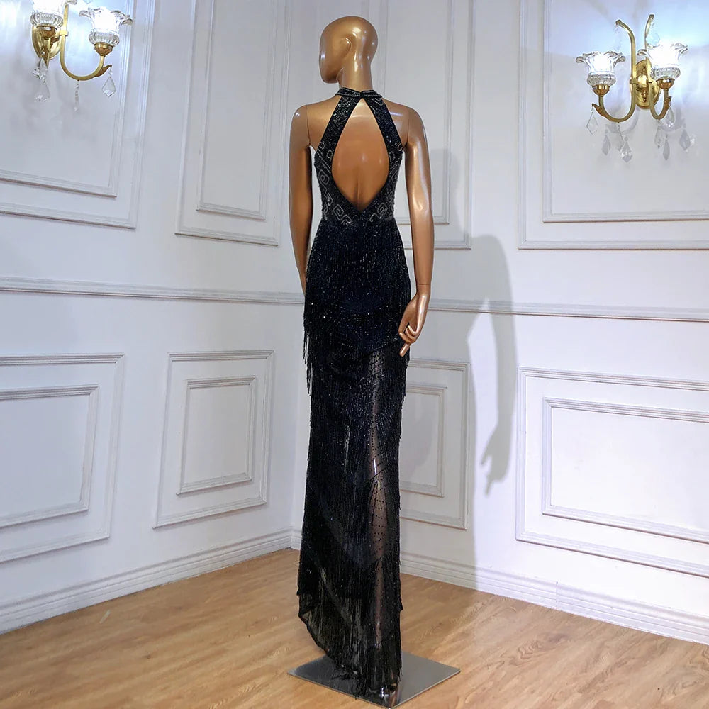 Zum Verkauf, keine Rückgabe, keine Rückerstattung, Meerjungfrau-Quaste, Luxus-Neckholder, Strass-Abendkleid, Festzugskleid, ärmellos, Meerjungfrau, geteilt, Robe de Soiree LA60776 