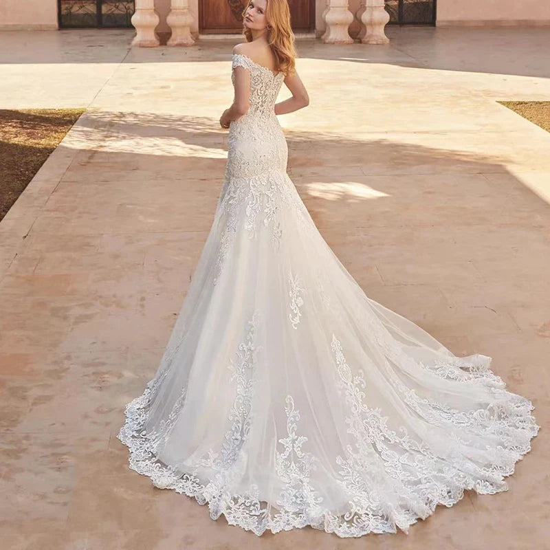Mermaid Wedding Dress Off The Shoulder Vintage With Lace Embroidery Vestido De Noiva Sexy V-Neck Vestidos De Novia-payinti