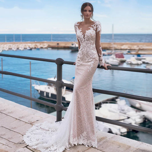 Mermaid Wedding Dress Sexy Women's Backless Long Sleeve Bridal Gowns Embroidery Applique Lace Beach Wedding Party Vesido Noiva-payinti