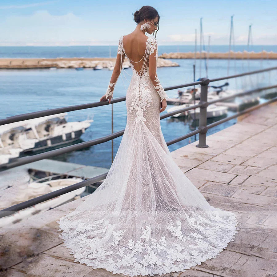 Mermaid Wedding Dress Sexy Women's Backless Long Sleeve Bridal Gowns Embroidery Applique Lace Beach Wedding Party Vesido Noiva-payinti