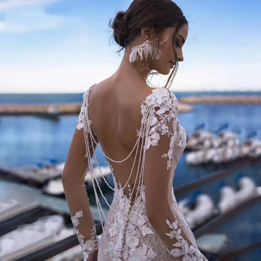 Mermaid Wedding Dress Sexy Women's Backless Long Sleeve Bridal Gowns Embroidery Applique Lace Beach Wedding Party Vesido Noiva-payinti