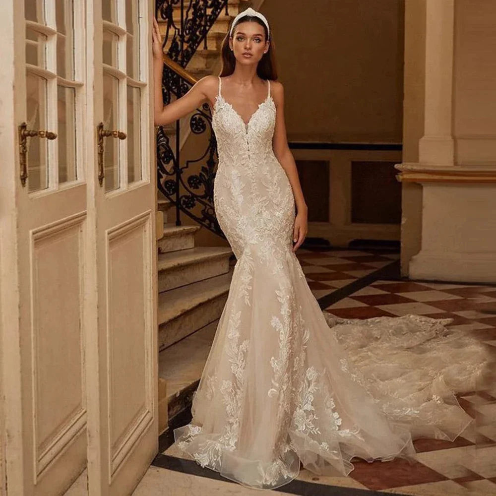 Mermaid Wedding Dresses 2023 Women's Sexy V-neck Lace Applique Spaghetti Shoulder Strap Vestido De Novia Bridal Gowns Backless-payinti