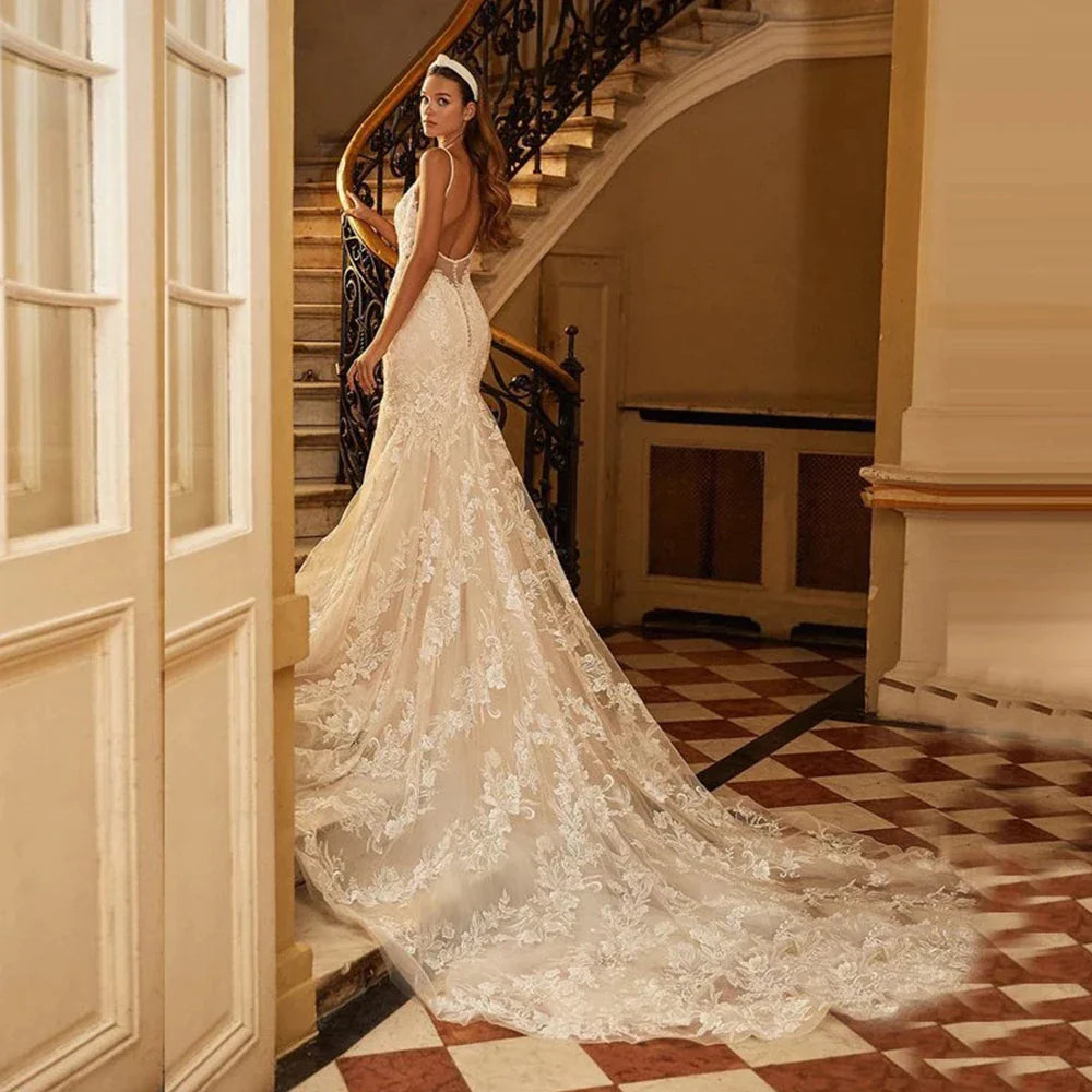 Mermaid Wedding Dresses 2023 Women's Sexy V-neck Lace Applique Spaghetti Shoulder Strap Vestido De Novia Bridal Gowns Backless-payinti