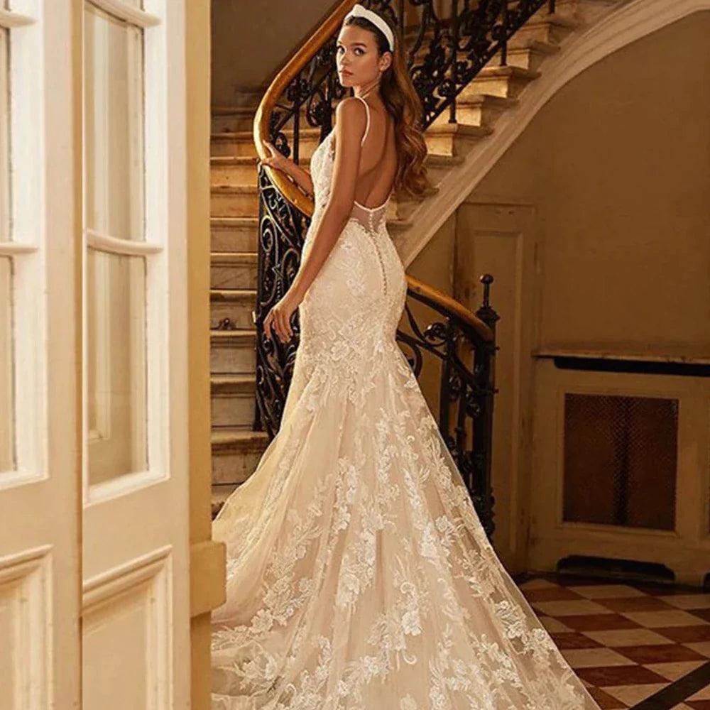 Mermaid Wedding Dresses 2023 Women's Sexy V-neck Lace Applique Spaghetti Shoulder Strap Vestido De Novia Bridal Gowns Backless-payinti