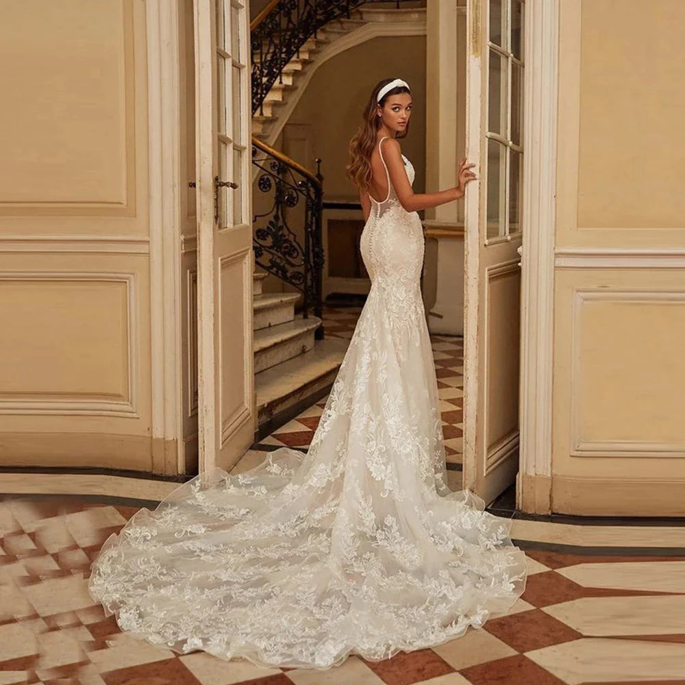 Mermaid Wedding Dresses 2023 Women's Sexy V-neck Lace Applique Spaghetti Shoulder Strap Vestido De Novia Bridal Gowns Backless-payinti