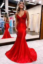 Mermaid Deep V Neck Satin Navy Blue Prom Dress with Appliques
