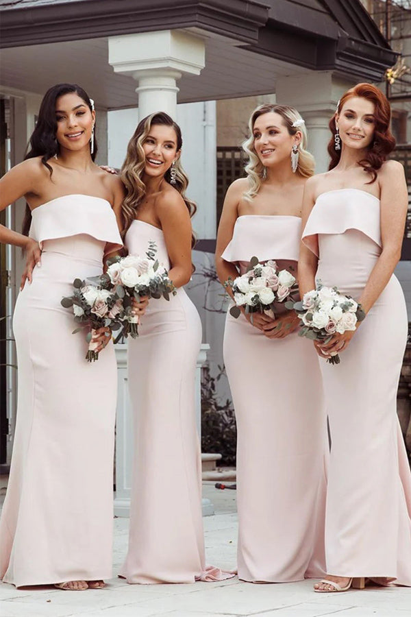 Vestido de dama de honor rosa, sin tirantes, largo hasta el suelo, corte sirena, BD134
