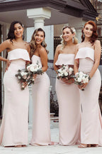 Vestido de dama de honor rosa, sin tirantes, largo hasta el suelo, corte sirena, BD134