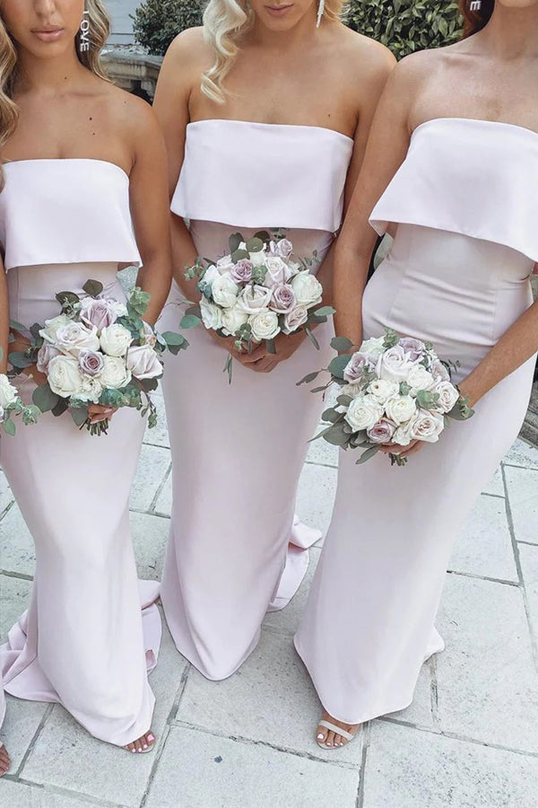 Vestido de dama de honor rosa, sin tirantes, largo hasta el suelo, corte sirena, BD134