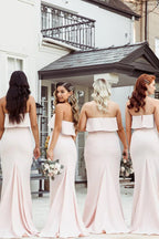 Vestido de dama de honor rosa, sin tirantes, largo hasta el suelo, corte sirena, BD134