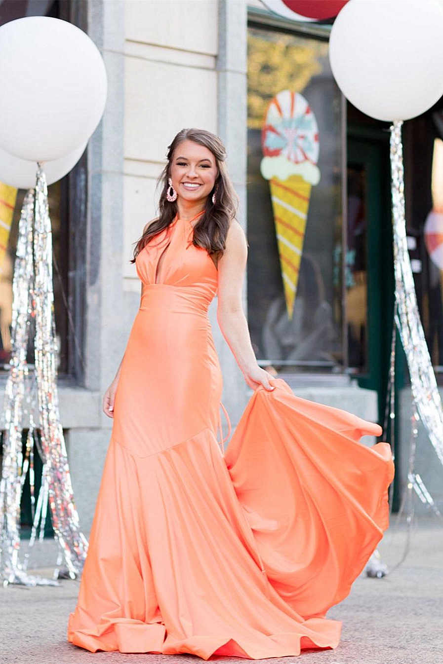 Meerjungfrau Neckholder Orange Langes Ballkleid SYP153