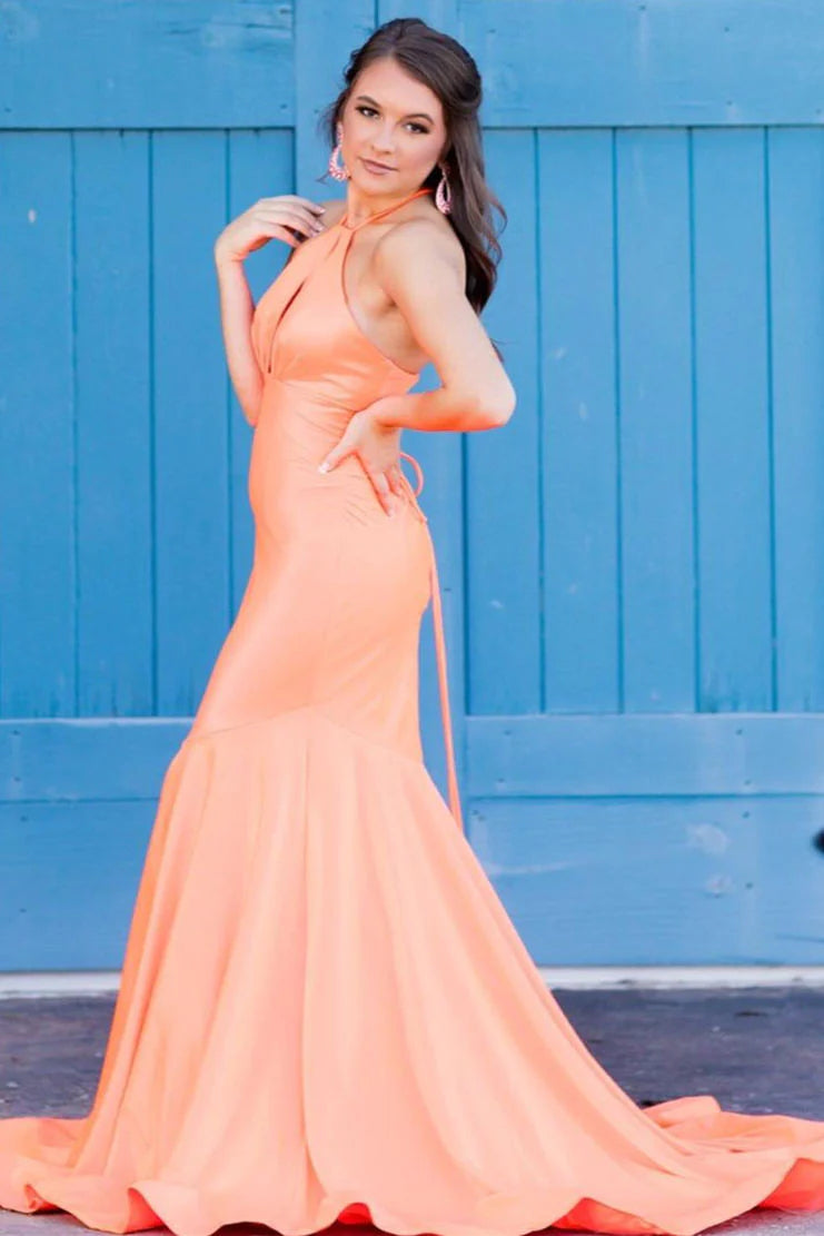 Meerjungfrau Neckholder Orange Langes Ballkleid SYP153
