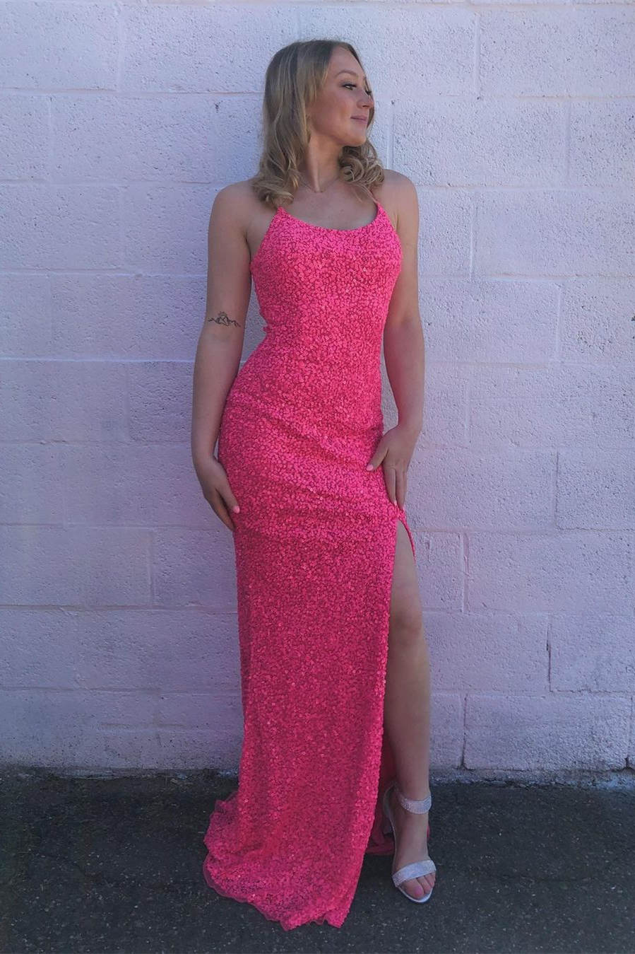 Meerjungfrau Hot Pink Pailletten Pom Kleid mit Schlitz SYP92