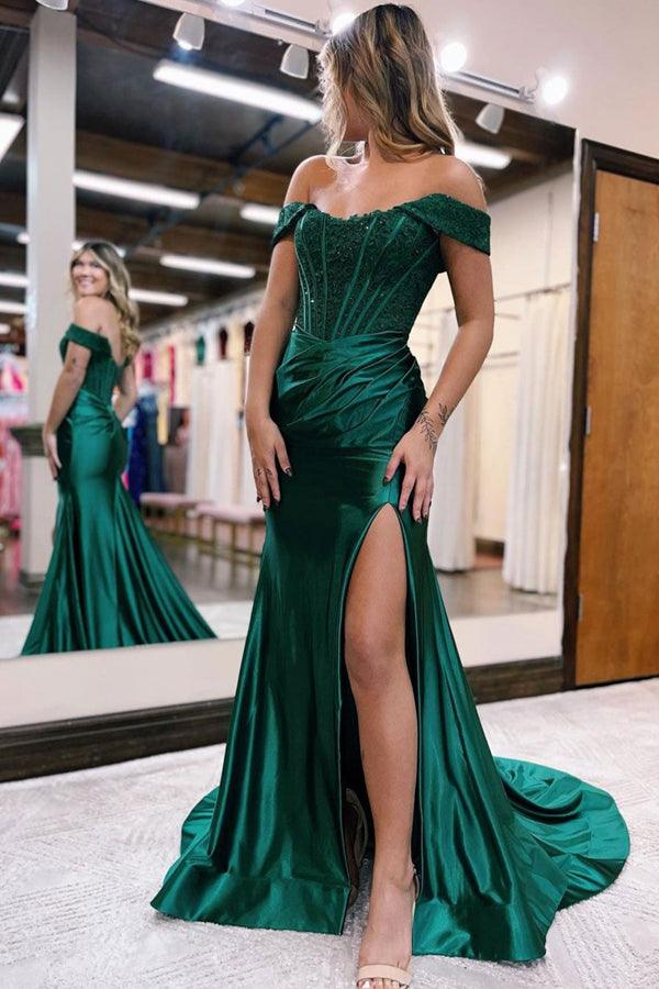 Vestido de fiesta largo de sirena con encaje satinado y hombros descubiertos PSK375