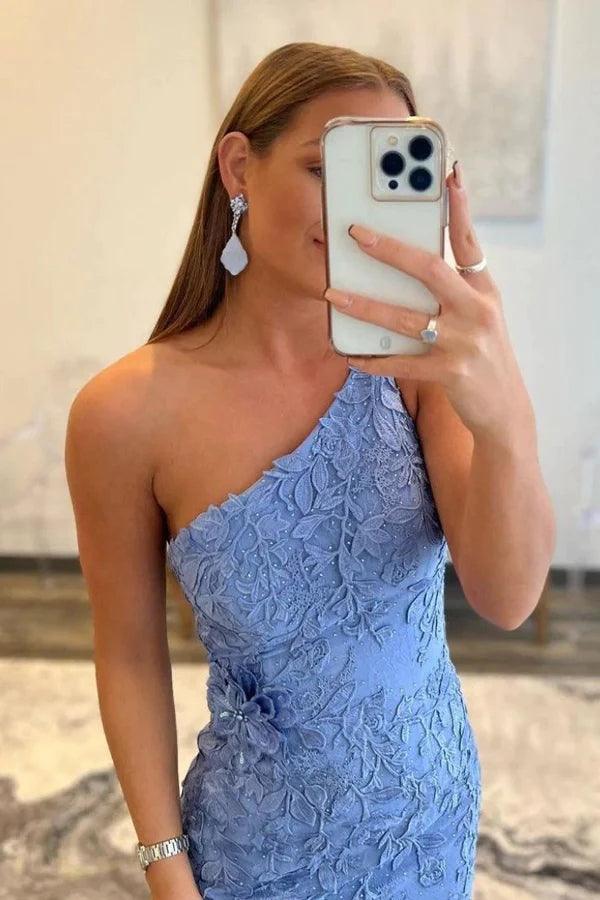 Meerjungfrau One-Shoulder Blau Langes Spitzen-Abschlussball-Abendkleid mit Schlitz PSK412