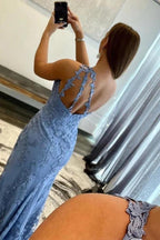 Vestido de noche largo de sirena con un solo hombro y encaje azul con abertura PSK412