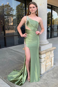 Meerjungfrau One-Shoulder Satin Salbeigrün Ballkleid mit Schlitz PSK602