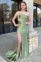 Meerjungfrau One-Shoulder Satin Salbeigrün Ballkleid mit Schlitz PSK602