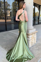 Meerjungfrau One-Shoulder Satin Salbeigrün Ballkleid mit Schlitz PSK602