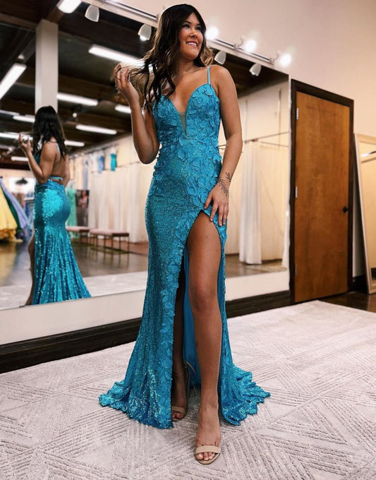 Miracle | Vestido de fiesta de sirena con escote en V y lentejuelas con abertura