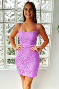 Meerjungfrau Lila, figurbetontes, kurzes Homecoming-Kleid mit Spitze, PD473