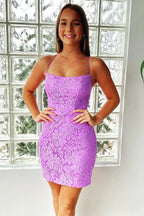 Meerjungfrau Lila, figurbetontes, kurzes Homecoming-Kleid mit Spitze, PD473