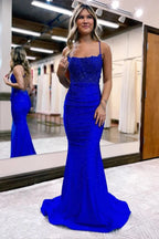 Vestido de fiesta de satén con tirantes finos y corte sirena, vestido formal PSK520