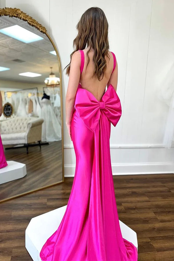 Mermaid Spaghetti Straps Corset Fuchsia Prom Dress With Bow
