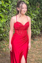Meerjungfrau Spaghettiträger Korsett Langes Ballkleid mit Schlitz PSK597