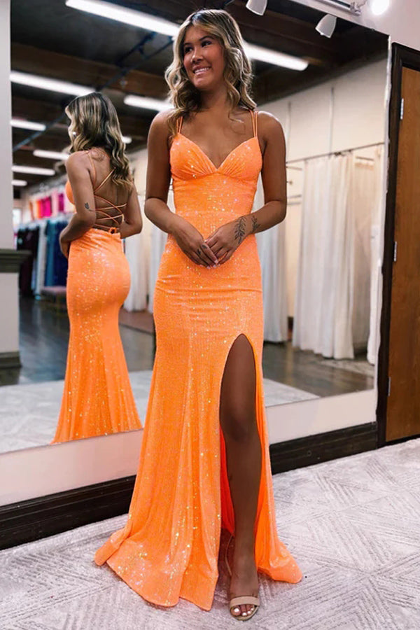 Meerjungfrau Spaghettiträger Orange Enges Ballkleid mit Schlitz PSK442