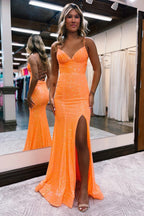Meerjungfrau Spaghettiträger Orange Enges Ballkleid mit Schlitz PSK442