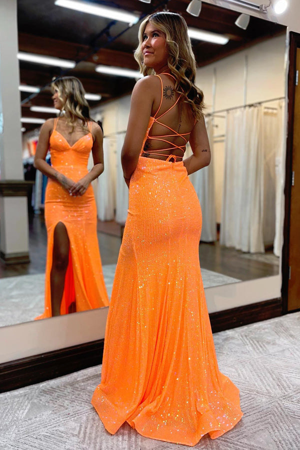 Meerjungfrau Spaghettiträger Orange Enges Ballkleid mit Schlitz PSK442