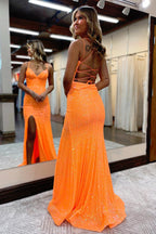 Meerjungfrau Spaghettiträger Orange Enges Ballkleid mit Schlitz PSK442