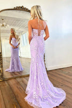 Vestido de fiesta largo morado con escote corazón y encaje de sirena, vestido formal PSK365