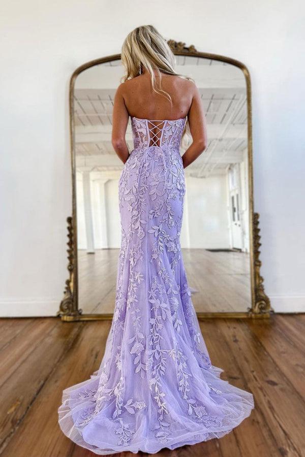 Vestido de fiesta largo morado con escote corazón y encaje de sirena, vestido formal PSK365
