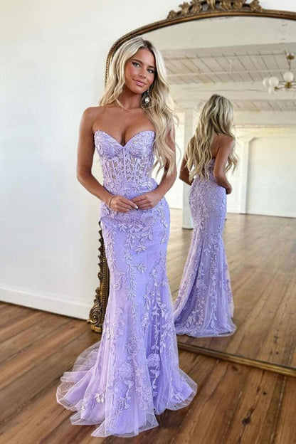 Vestido de fiesta largo morado con escote corazón y encaje de sirena, vestido formal PSK365