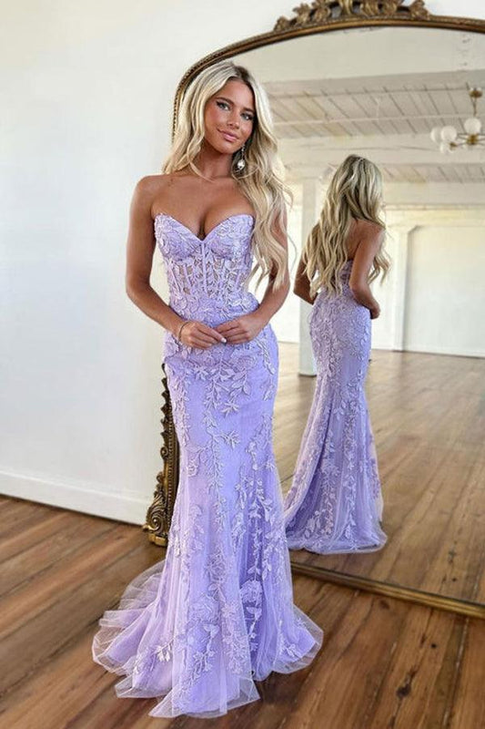 Meerjungfrau Herzausschnitt Spitze Lila Langes Ballkleid Abendkleid PSK365