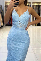 Meerjungfrau V-Ausschnitt Rückenfreies Blaues Spitzen Langes Ball-/Abendkleid PSK422