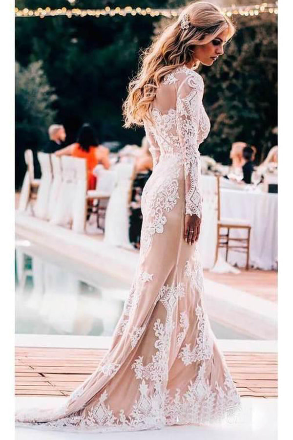 Meerjungfrau Langarm Spitze Boho Brautkleider Rustikales Brautkleid WD504