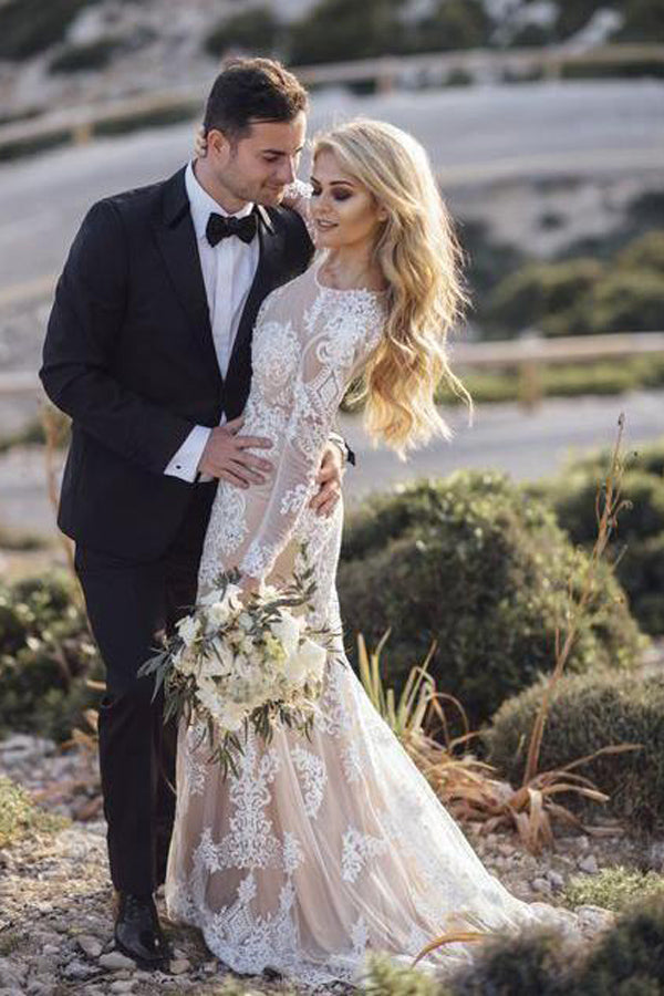 Meerjungfrau Langarm Spitze Boho Brautkleider Rustikales Brautkleid WD504